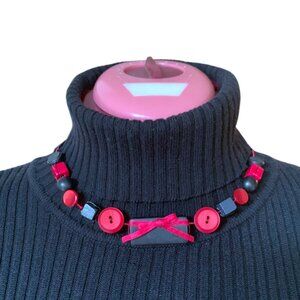 Handmade - Vintage Button & Bead Choker Necklace – Red & Black with Bow Detail